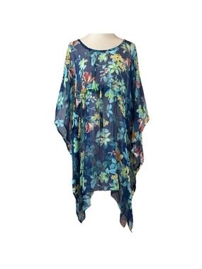 Sunflower Blue Floral Chiffon Sheer Kaftan Swim Cover-Up Size OS